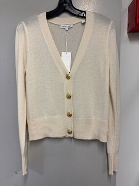 Veronica Beard Ivory V-Neck Button Cardigan with Gold Buttons